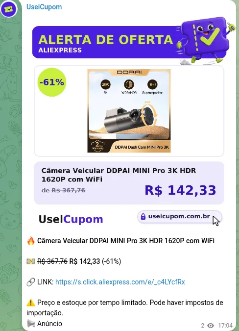 Print real de post UseiCupom: oferta de câmera veicular DDPAI na AliExpress